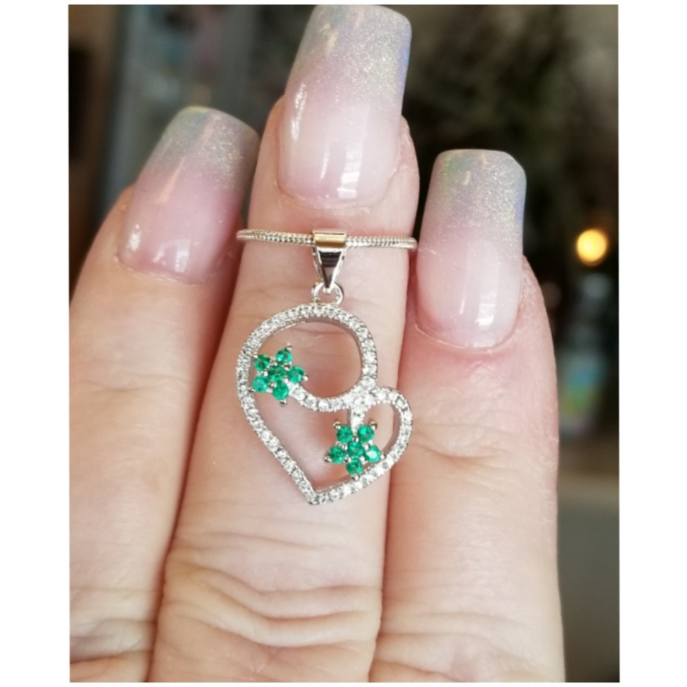 Genuine Emerald and White Sapphire Heart Pendant"